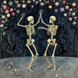 two dead skeletons dancing on stage while it rains flowers everywhere, Henri de Toulouse-Lautrec
