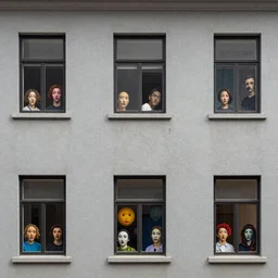 close - up image of the building in the style of rationalism, people in the windows, people with strange faces, gray dirty walls, detailed windows, detailed people, by joseph cornell, wens anderson, ando tadao, colourful palette,