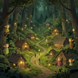 small woodland village of elves, magical lights, extremely detailed, sharp focus, wide view, full body shot, smooth, digital illustration, by, james jean, by rossdraws, frank franzzeta, sakimichan, jeremy lipking