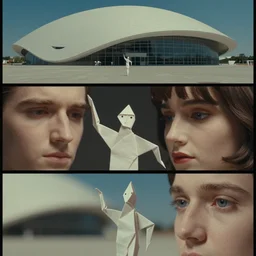 beautiful three point perspective film still of funky pop origami character study scene in merce cunningham, extreme closeup portrait in style of frontiers in miniature porcelain photography fashion architectural art studio seinen manga edition, holly herndon origami statue, pointe pose, tilt shift zaha hadid theatre background, soft lighting, cinestill 5 0 d, 8 k, f / 2 2, 3 5 mm, cinematic style by emmanuel lubezki