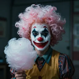 a dramatic photo of an clown with cotton candy hair. paint splashes. moody and melancholy.