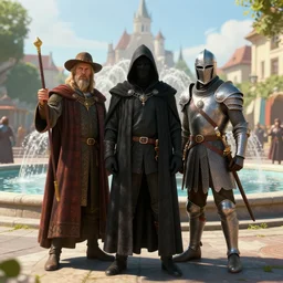 three guilders : a magician, a murderer and a warrior, stand in the middle of the square in front of the fountain, day, holiday background, peter mohrbacher style, ray tracing, octane render, cinematic, digital art, realistic, high quality, 8 k