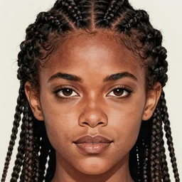 black african emma watson symmetrical portrait close - up, cornrows braids, intricate, elegant, highly detailed, concept art, sharp focus, illustration, aleksi briclot, alphonse mucha