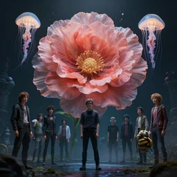 a fancy portrait of a giant floating flower and jellyfish by Greg Rutkowski, Sung Choi, Mitchell Mohrhauser, Maciej Kuciara, Johnson Ting, Maxim Verehin, Peter Konig, Bloodborne, beeple, 8k photorealistic, cinematic lighting, HD, high details, atmospheric , trending on artstation