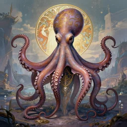 portrait of an octopus themed wiman, full body shot, rule of thirds, amazing landscape in background, fantasy, whimsical, horror, art by riot games and chengwei pan and josephine wall and amanda sage and alphonse mucha, intricately detailed, highly detailed, luxurious, elegant, clean, unsettling, trending on artstation