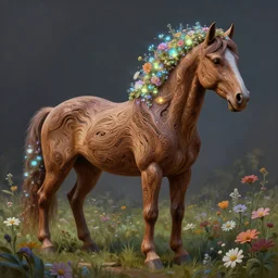 a stunning digital painting of a horse made of intricately engraved gnarled wood with a mane of bioluminescent flowers running through a field of flowers by greg rutkowski, flowercore, volumetric light, digital art, fine detail, photorealistic
