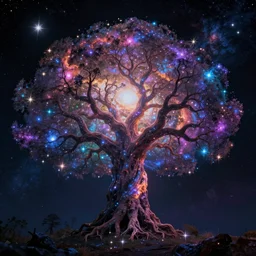 tree of life, Cosmic tree of life, trees, Tree in a galaxy made of stars, space, nebulas stars Dmt Psychedelic cosmos, cosmic, Hallucination, night sky; 8k, artstation, unreal engine, octane render, hdr, surrealistic, hyperrealism, glow, photorealistic, volumetric lighting, Dreamy, dynamic, mystical