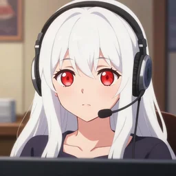 high quality anime film portrait of a cute ( ( red eyed girl!! ) ) with ( ( long white hair!! ) ) wearing a headset in her room interior. poster art by ilya kuvshinov katsuhiro, headshot, cute face, artgerm