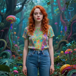 surreal Emma Stone covered in chromatic distortions standing in mysterious place, beautiful, psychedelic, lsd, trending on artstation, artwork by Tran, Ross