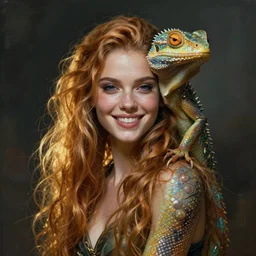 a fantasy creature portrait, beautiful girl, lizard like, alien, happy, boris vallejo