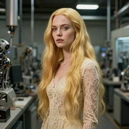 cinestill 5 0 d portrait of a dreamy dystopian beautiful woman britt marling 3 / 4 by liebovitz stand in a cyborg factory, long hair, wearing long lace, 2 4 mm lens, 8 k, elegant, highly detailed, pale gold matt, brutal rembrandt, artstation, sharp focus, head in focus