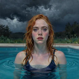 Elle Fanning at the pool in the world of Jamie Coreth, head and shoulders portrait, stormy weather, extremely detailed masterpiece, oil on canvas, low-key neon lighting, artstation, Blade Runner 2049, Roger Deakin’s cinematography, by J. C. Leyendecker and Peter Paul Rubens and Edward Hopper and Michael Sowa,