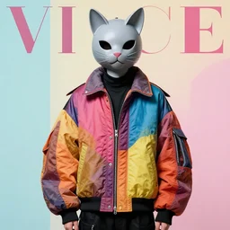 model in plastic cat mask wearing baggy colorful 9 0 s jacket by rick owens. magazine ad. pastel brutalist background.
