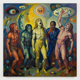 multi colored psychedelic weeping soldiers | pain, pleasure, suffering, adventure, love, life, afterlife, souls in joy and agony | abstract oil painting, gouche on paper by MC Escher and Salvador Dali and raqib shaw and Josef albers on LSD |