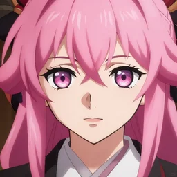 high quality anime art of the face of an anime samurai girl with pink hair, animation, semi realistic