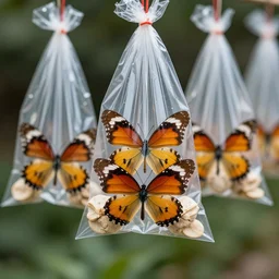 photograph of butterflies in plastic bags