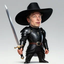 elon musk as a musketeer, he has a big black hat and holds a shiny sword, digital art