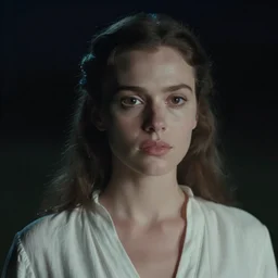 A very macular woman in white, at midnight, Close up, Front view, film still
