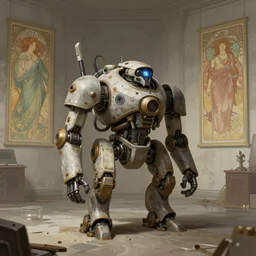 detailed concept art of a diesel punk robot in an empty room in a muted color palette, trending on artstation, award - winning video game concept art by jim burns and greg rutkowski, beksinski, a sci - fi concept art masterpiece, james gilleard, bruegel, alphonse mucha, and yoshitaka amano.