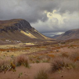 Scottish landscape combined with desert, traditional oil painting
