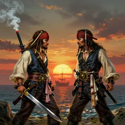 two pirates, one with a sword and one with a gun, facing each other in a duel to the death, gun pirate has a smoldering barrel of gunpowder smoke behind him, and the sword pirate has a bloody sword in his hand, sun is setting in the background, ship on the horizon!, portrait 4 / 3, dramatic, digital art, fantasy, high detail, greg rutkowski, james gurney, gene wolfe, gustave dore, jesper ejsing, rhads, makoto shinkai, ilya kuvshinov