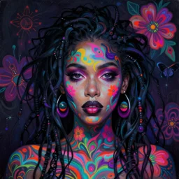 portrait of teyonah parris, hyper detailed masterpiece, neon floral pattern, jean giraud, digital art painting, darkwave goth aesthetic, psychedelic, artgerm, donato giancola and tom bagshaw