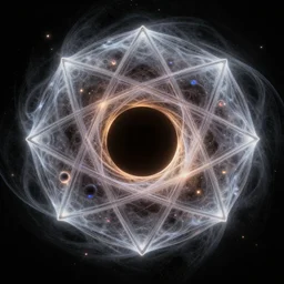 realistic photo of one black hole in space, sacred geometry, volumetric, particles, physical, translucence, cinematic lighting, iridescence