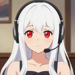 anime visual of a cute girl, with + ( ( red eyes ) ) + long white hair + ( ( wearing a headset ) ), poster by ilya kuvshinov, trending on artstation, flat cel shaded, finely detailed face features, in her room interior