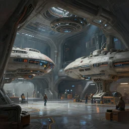 A beautiful matte painting of interior hangar of a futuristic science fiction space station, intricate, highly detailed, digital painting, illustration, artgram,  by Michael Whelan, Clyde Caldwell,Brothers Hildebrandt, thomas kincade, trending on artstation