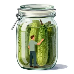 man living inside a pickle jar, illustration by fergus hall