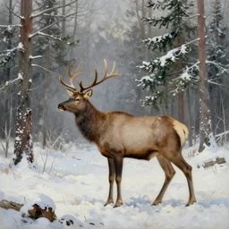 caspar david friedrich style painting, winter forest, elk, spruce trees