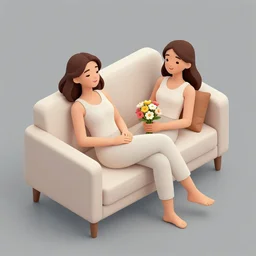 isometric view, women relaxing on a sofa, happy, flowers, absurdly beautiful, elegant, realistic ultrafine hyperrealistic detailed face illustration by amrita sher - gil, intricate linework, sharp focus, bright colors, matte, highly rendered, global illumination, radiant light, intricate environment