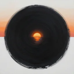the sea of sadness, a circular black void, a line of orange sunset, crushing despair, brush strokes, acrylic painting