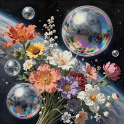 An epic fantastic realism comic book style painting of the most beautiful flowers launched into space, perfect shiny silver iridescent dichroic spheres, bouquets, fisheye lens, unreal 5, DAZ, hyperrealistic, octane render, dynamic lighting
