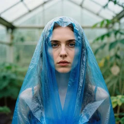 closeup portrait of a woman wrapped in blue cellophane, standing in an overgrown greenhouse, color photograph, by jenny saville, canon eos c 3 0 0, ƒ 1. 8, 3 5 mm, 8 k, medium - format print