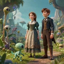 a girl and a boy standing next to some alien plants, looking happy, wearing victorian clothes, their small pet alien creature is playing nearby, in a park on a alien planet, extremely high detail, ultra realistic facial details, enhanced faces, ultra photorealistic raytracing, 8k