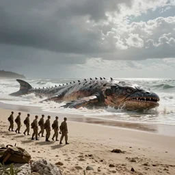 1940s photo, long shot, soldiers examine a huge creature washed up on a beach.
