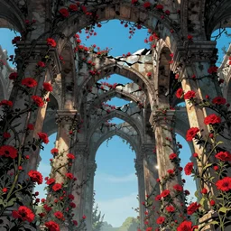 broken arches leading to the pillars of eternity draped with red flowers and vines, blue sky, lens flare, a sense of mystery, cinematic, ultra detailed, intricate, trending on artstation, 8K, comic book illustration by David Wiesner