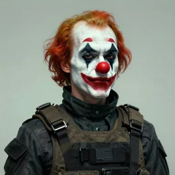 portrait of an albine clown wearing tactical clothes, the nose of the clown is a red grenade, cyberpunk, matte painting, trending on artstation, by greg rutkowski, by greg manchess