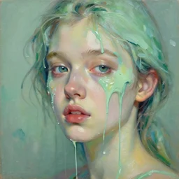 portrait of a beautiful girl, liquid paint dripping over face, brush strokes all over, intimate, pastel shades of green, beautiful face, rule of thirds, spotlight, expressive, passionate, by greg rutkowski, by jeremy mann, by francoise nielly, by vincent van gogh, oil painting