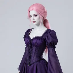 hd full portrait of beautiful necromancer, gloomy purple dress, corset, face details, pink hair, ponytail, white skin, green eyes, posing, high fantasy, highly detailed, sharp focus, smooth, manga illustration, by kurone mishima