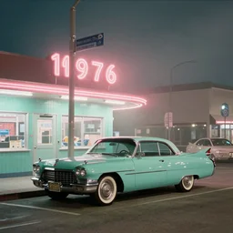 color street view in america of market district at night. a mint cadillac parked outside diner, from 1 9 7 6, california. liminal space. scorsese, kodachrome, fred herzog, gregory crewdson. light fog, neon. epic view. low saturation, winter, pastel tones. detailed sharp photograph shot on hasselblad medium format cinestill film