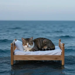 a sadcat laying on a tiny bed in the middle of the ocean, canon eos r 3, f / 1. 4, iso 2 0 0, 1 / 1 6 0 s, 8 k, raw, unedited, symmetrical balance, in - frame