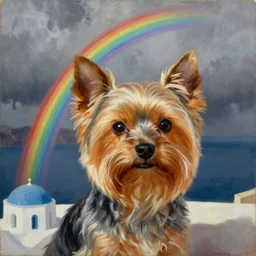 Yorkshire Terrier under a rainbow in Santorini by Michael Sowa, head and shoulders portrait, stormy weather, extremely detailed masterpiece, oil on canvas, by J. C. Leyendecker and Peter Paul Rubens and Edward Hopper and Michael Sowa,