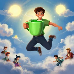 portrait of a ( ( ( verde taza de cafe ) ) ), ( ( guapo joven espanol jumping ) ), nubes y magia y el sol, concept character, by greg rutowski and tezuka and oi and mucha and bierstadt and remington, trending on artstation