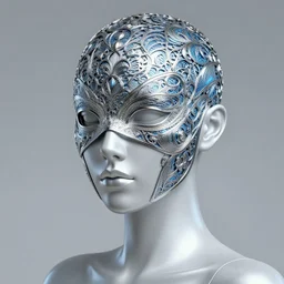 female android, face masked with filigree, elegant, intricate, highly detailed, filigree, steel, phthalo blue, trending on artstation, smooth, digital painting, sharp focus