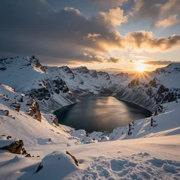 amazing snowy landscape photo of mountains with lake in sunset, beautiful dramatic lighting