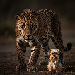 panther shows teeth to a small long dog