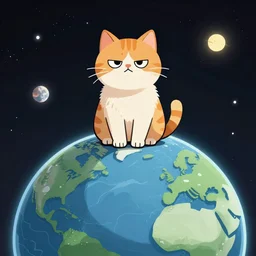 A grumpy cat sitting on the top of planet earth in space, digital art by Dan Volbert, trending on artstation