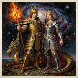 wonderous galactic king and queen with a fiery weapon and with dragon armor, monumental painting by gerrit van honthorst and hajime sorayama and edward hopper, illusion surreal art, highly conceptual figurative art, intricate detailed oil illustration, controversial poster art, polish poster art 1 9 8 0